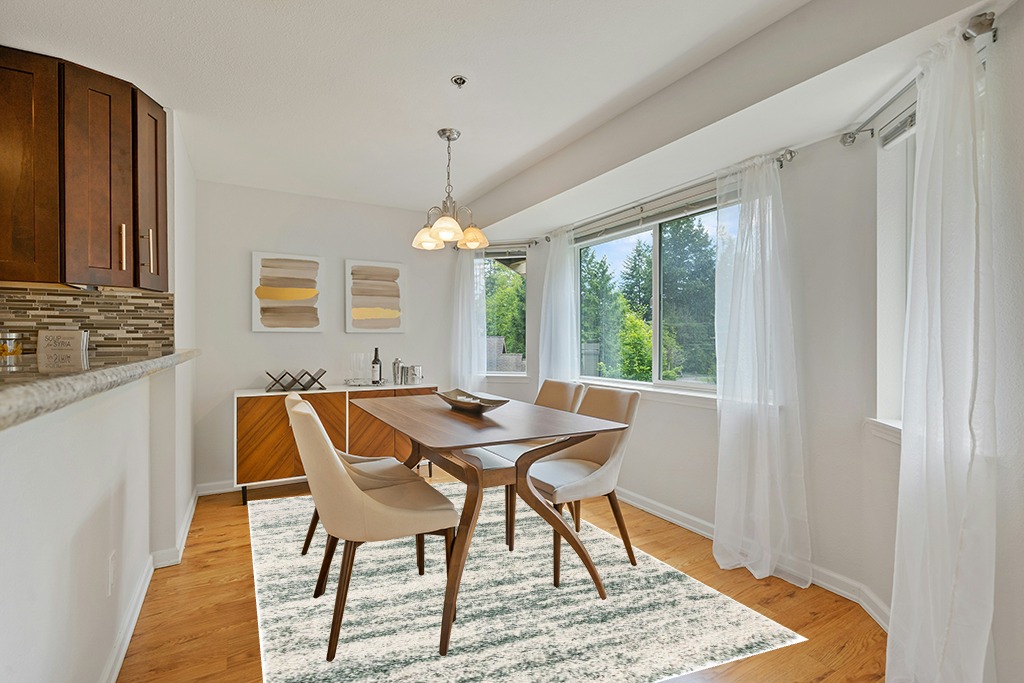 SAFAVIEH Hudson Shag Collection Area Rug - 6' x 9', Ivory & Green, Modern Design, Non-Shedding & Easy Care, 2-inch Thick Ideal for High Traffic Areas in Living Room, Bedroom (SGH206Y) in Modern White Dining Room with Wooden Accents