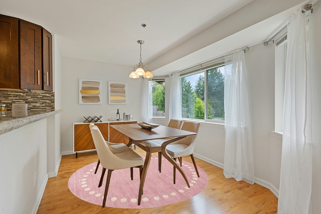 SAFAVIEH Kids Collection Area Rug - 7' Round, Pink, Handmade Wool, Polka Dot Border Design, Ideal for The Living Room, Bedroom, Dining Room, Kids Room, Nursery (SFK802U-7R) in Modern White Dining Room with Wooden Accents