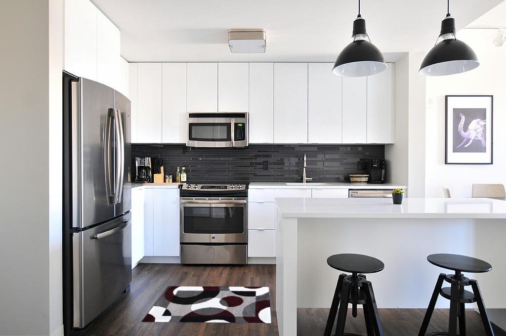 Rugshop Modern Circles Carpet Easy Maintenance for Home Office,Living Room,Bedroom,Kitchen Soft Area Rug 2' x 3' Burgundy in White and Black Modern Kitchen