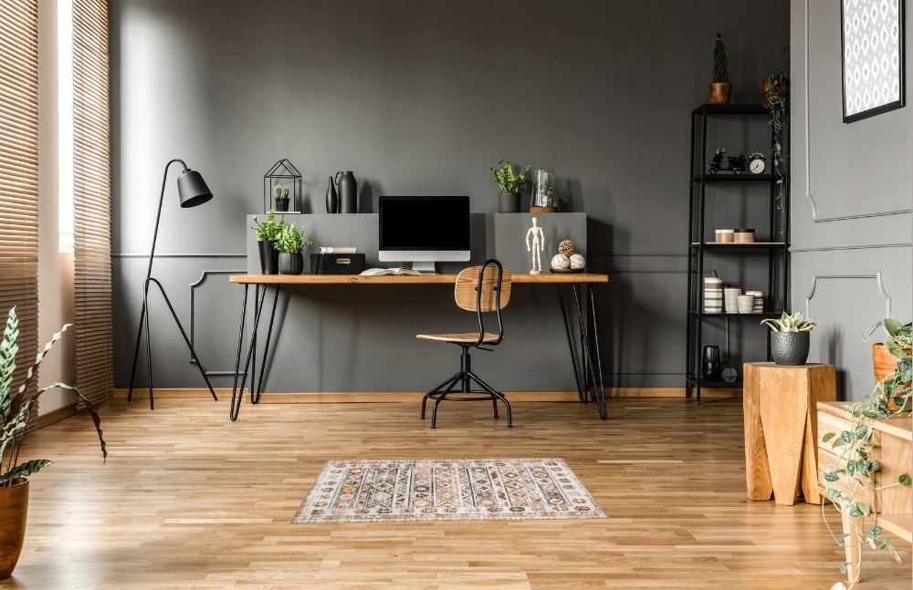 Wonnitar Bohemian Washable 3x5 Rug,Non-Slip Boho Bedroom Rug Distressed Moroccan Trellis Khaki Bathroom Throw Mat,Non-Shedding Low Pile Indoor Floor Carpet for Entry Kitchen Home Office in Grey Home office with Wooden Floor