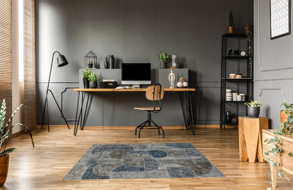Washable Rug 5x7 Area Rugs for Bedroom, Soft Low Pile Living Room Rugs with Non-Slip Backing, Vintage Patchwork Indoor Floor Carpet for Dining Room Nursery Home Office-Blue/Grey in Grey Home office with Wooden Floor