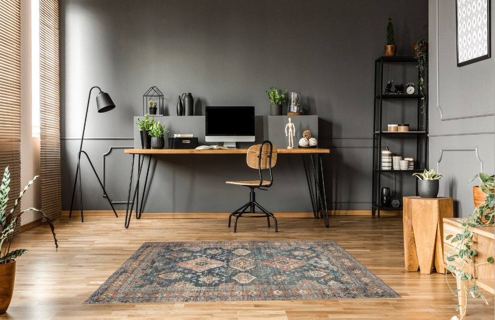 Loloi II Skye Collection SKY-10 SEA / RUST, Traditional 5'-0" x 7'-6" Area Rug in Grey Home office with Wooden Floor