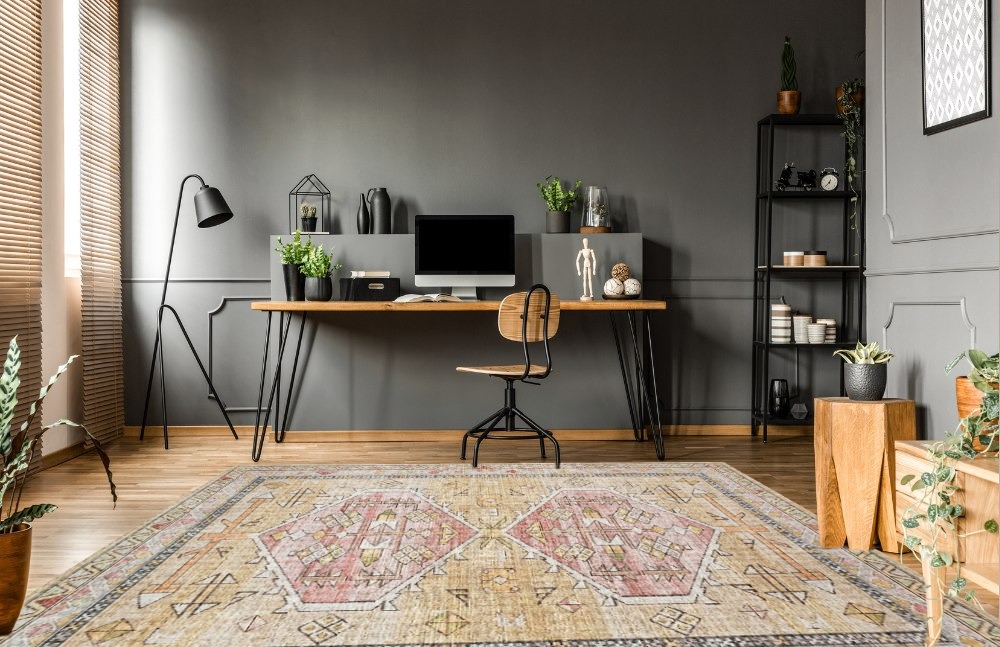 Loloi II Skye Collection SKY-04 GOLD / BLUSH, Traditional 9'-0" x 12'-0" Area Rug in Grey Home office with Wooden Floor