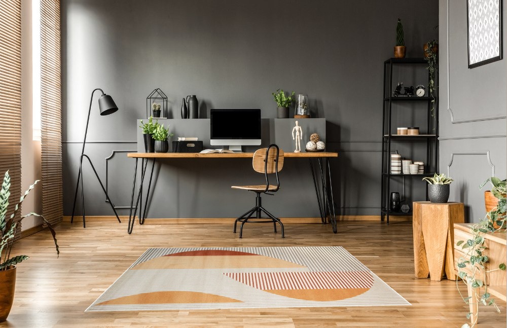 Rugs for Living Room- Large Area Rug, Yellow Striped Rug, Indoor Area Rug with Jute Backing, Anti-Skid Carpet(Yellow, 6' 5" x 9' 5") in Grey Home office with Wooden Floor