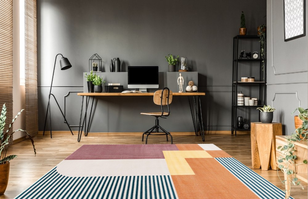 SAFAVIEH Orwell Collection Area Rug - 8' x 10', Rust & Yellow, Mid-Century Modern Abstract Design, Non-Shedding & Easy Care, Ideal for High Traffic Areas in Living Room, Bedroom (ORW368P) in Grey Home office with Wooden Floor