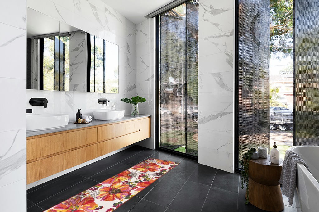 Multi Modern Non Slip Living Room Runner in Modern Black Tiled bathroom