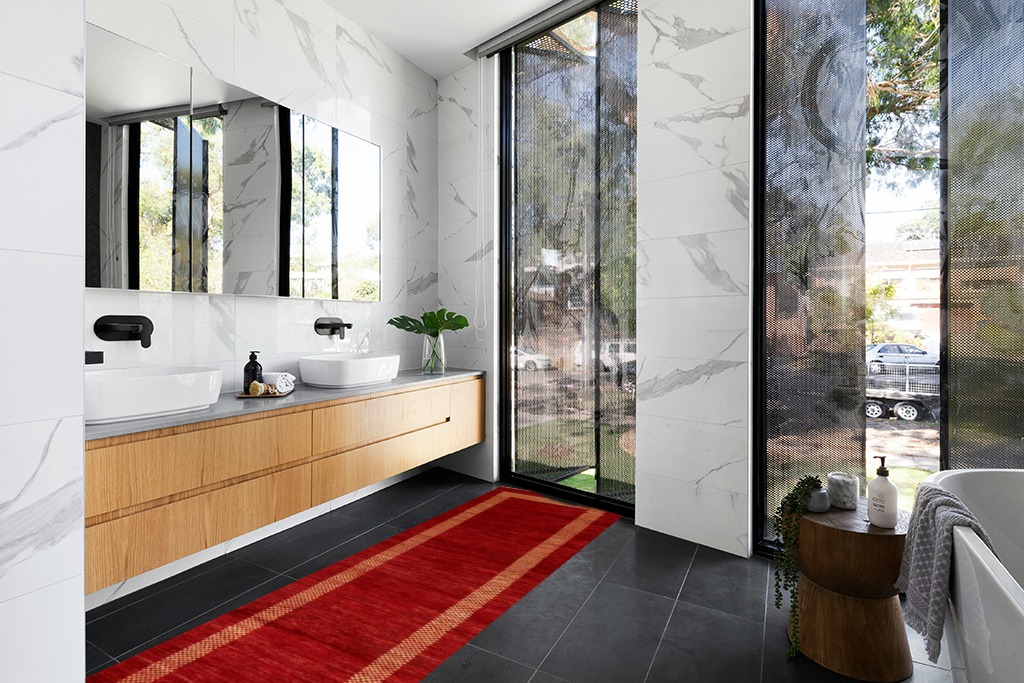 Rug Source Modern Collection Size 3x10 Modern Gabbeh Runner Rug, Hand-Knotted/Hand-Woven Red Geometric Rug, Oriental Wool Carpet for Foyer, Entryway, Hallway in Modern Black Tiled bathroom