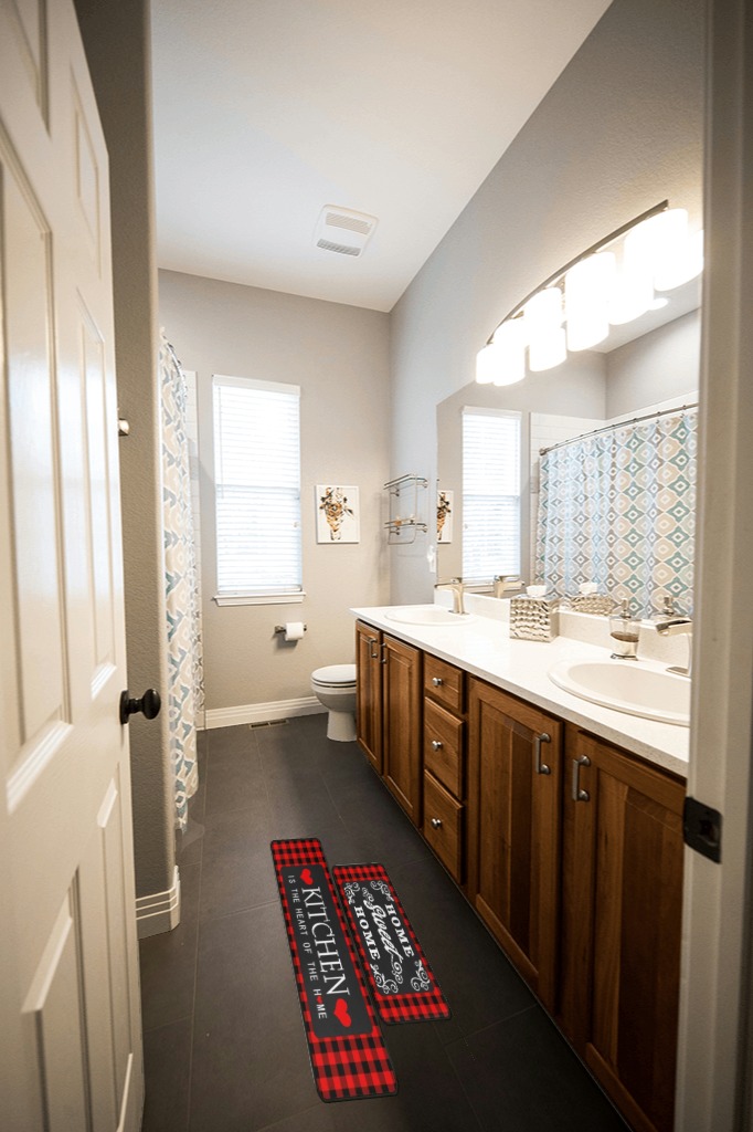 Sianseir Red and Black Buffalo Plaid Kitchen Mat Set of 2, Non Slip Washable Home Decor Kitchen Rugs and Mats for Floor Comfort Standing Mats for Kitchen, Sink, Office, Laundry 17"x47"+17"x30" in Wooden and Grey Bathroom