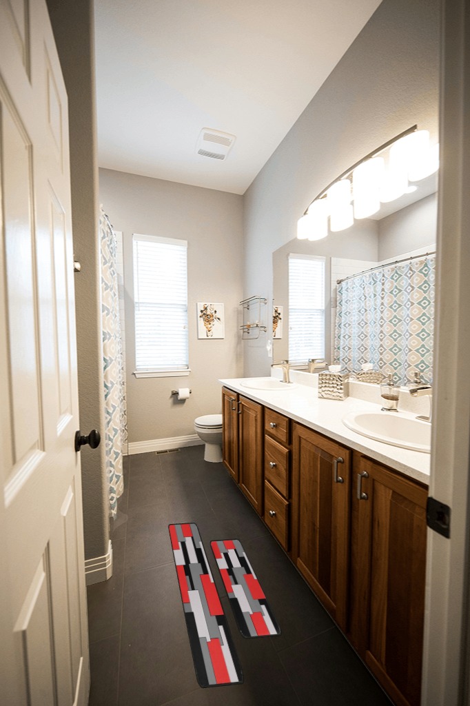 Kitchen Rugs Set of 2- Red, Black, and Grey Modern Geometric Non-Slip Washable Floor Mats - Comfort Sink and Laundry Room Runner - Contemporary Abstract Art Design Decor 17x47.2 and 17x30 inches in Wooden and Grey Bathroom