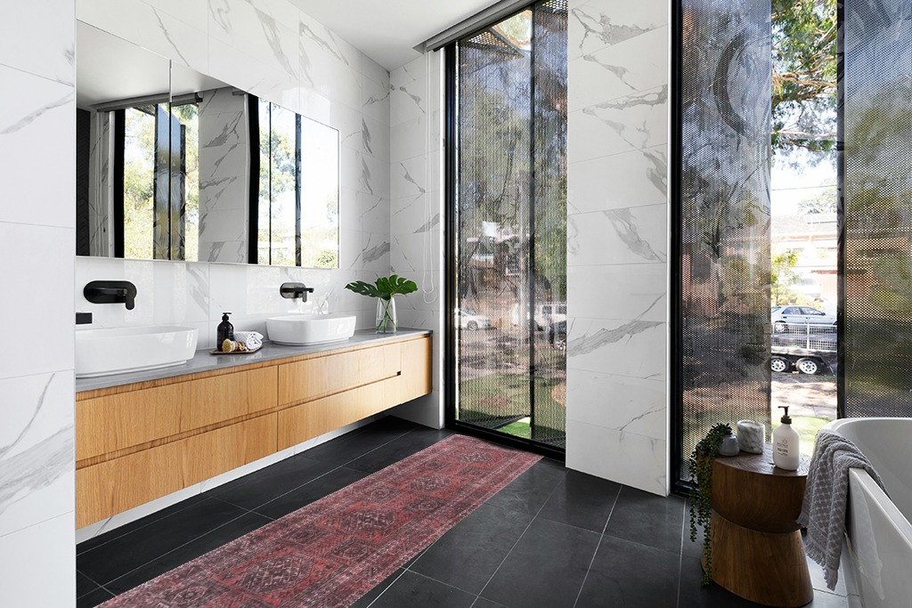 Adiva Rugs Machine Washable Area Rug RED/Brown in Modern Black Tiled bathroom