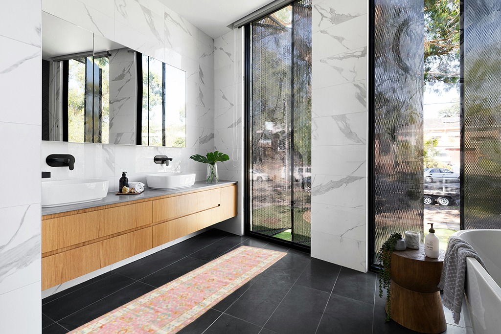 Momeni Anatolia Area Rug, 2 ft 3 in x 7 ft 6 in, Pink in Modern Black Tiled bathroom