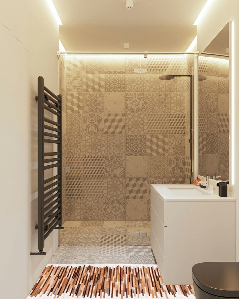 SAFAVIEH Studio Leather Collection 2'3" x 7' Ivory / Brown STL814A Handmade Mid-Century Modern Leather Runner Rug in White Tiled Bathroom