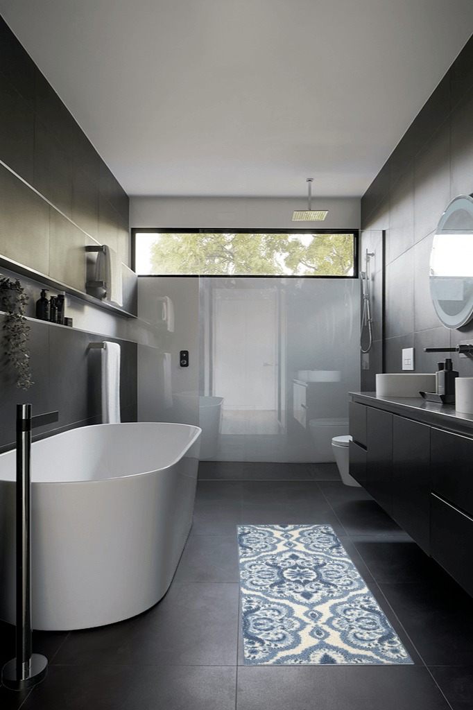 ‎Blue ‎Carpet ‎Non Slip, Fade Resistant, Washable, Durable, Stain Resistant ‎Hallway ‎Runner in Black Modern Bathroom