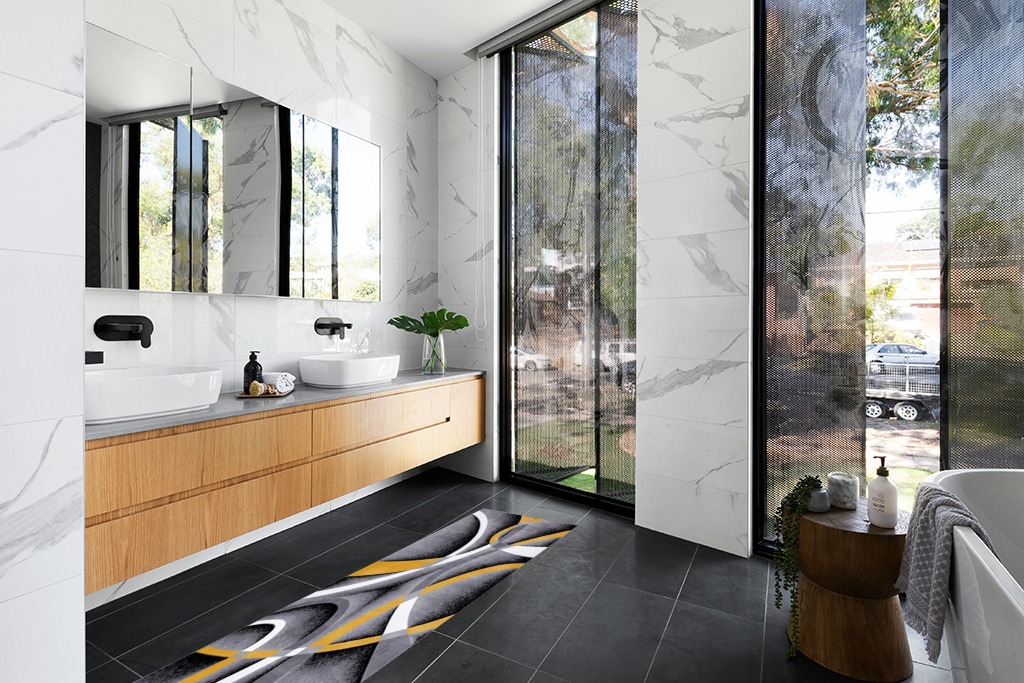 2305 Geometric Abstract Yellow 2x7 Area Rugs for Entryway in Modern Black Tiled bathroom