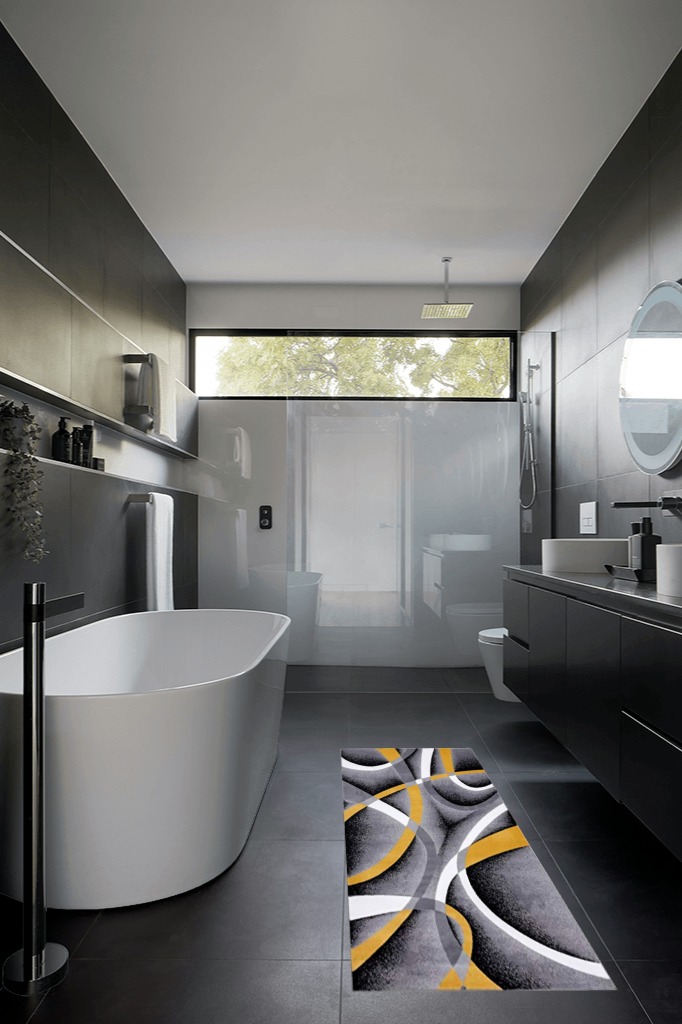 2305 Geometric Abstract Yellow 2x7 Area Rugs for Entryway in Black Modern Bathroom