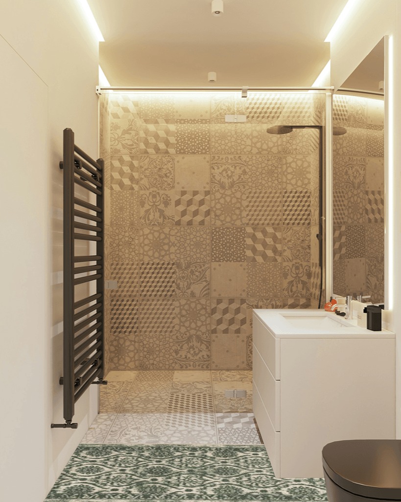 Antep Rugs Alfombras in White Tiled Bathroom