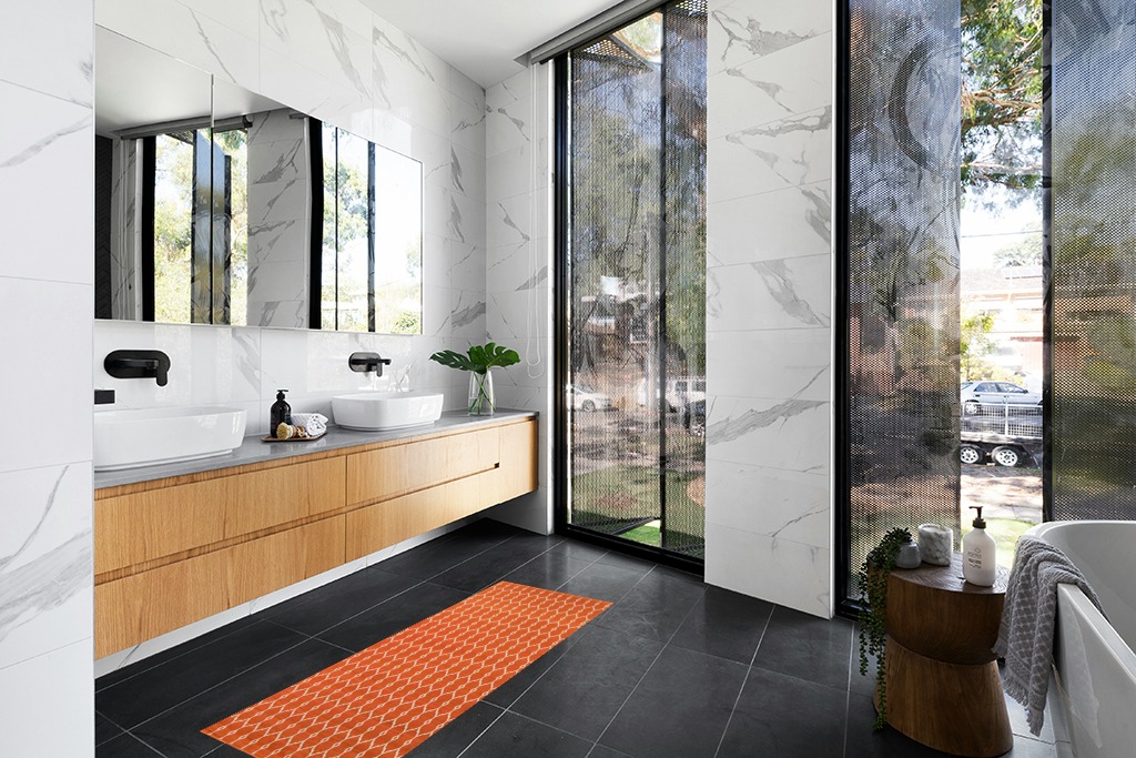 Momeni Rugs , Baja Collection Contemporary Indoor & Outdoor Area Rug, Easy to Clean, UV protected & Fade Resistant, 2'3" x 4'6", Orange in Modern Black Tiled bathroom