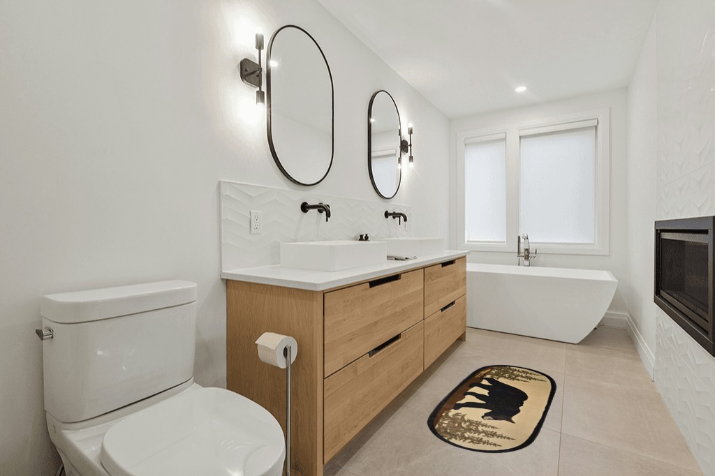 Rug Empire Rustic Lodge Novelty Area Rug, 26" W x 63" L, Bear Oval, Multi in Scandinavian Neutral bathroom