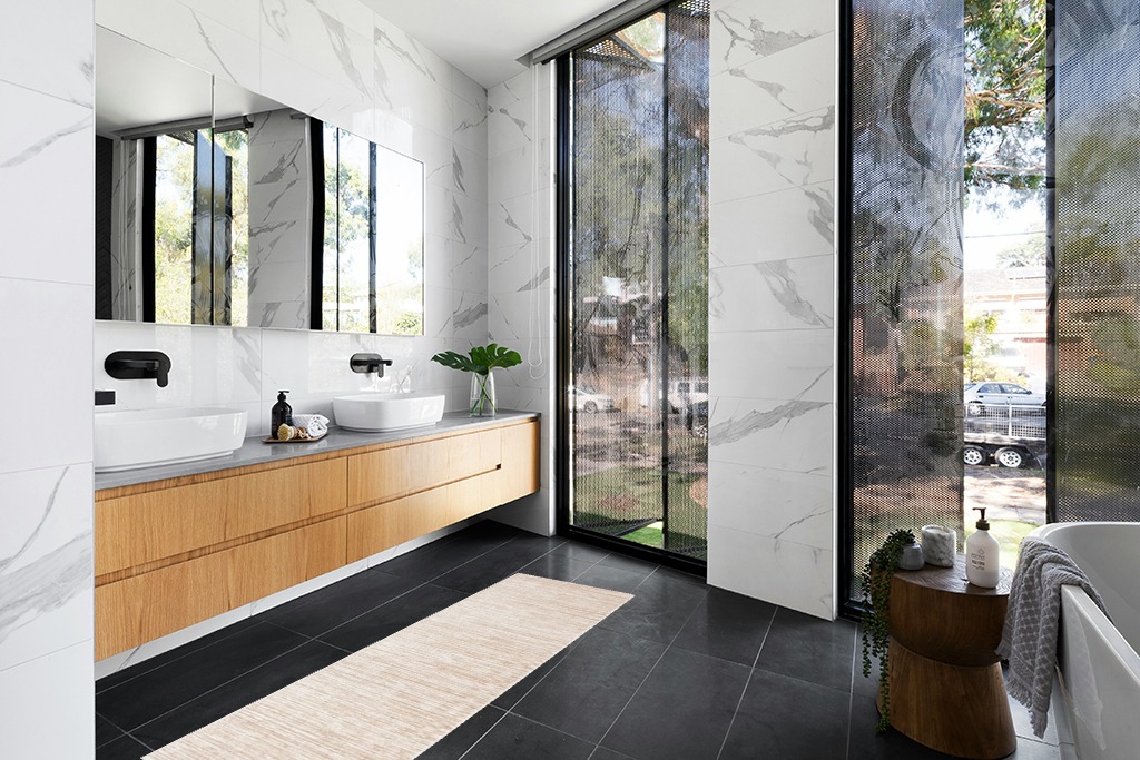 ‎Cream ‎Contemporary ‎Non Slip ‎Living Room ‎Runner in Modern Black Tiled bathroom