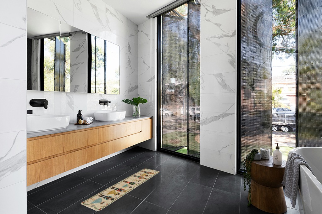 Artoid Mode Watercolor Nutcrackers Merry Christmas Doormat, Winter Home Decor Low-Profile Switch Rug Door Mat Floor Mat for Indoor Outdoor 17x47 Inch in Modern Black Tiled bathroom