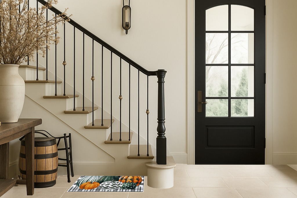 ASPMIZ Halloween Door Mat Outdoor, Autumn Buffalo Plaid Door Mat, Striped Pumpkin Area Rug Doormat Non Slip, Low-Profile Door Rugs for Entryway, Patio, Halloween Fall Decorations, Gift, 18 x 30 Inch in Foyer with Stairs