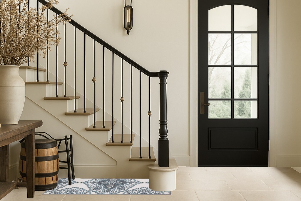 Machine Washable Modern Moroccan Design Non-Slip Rubberback 2x5 Traditional Runner Rug for Hallway, Kitchen, Bedroom, Entryway, 20" x 59", Off-White in Foyer with Stairs