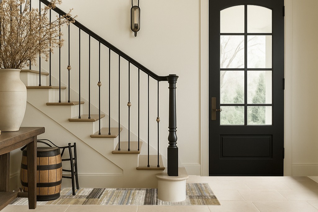HomeRoots 8' Beige Charcoal Brown Grey Tan Gold and Blue Geometric Power Loom Runner Rug with Fringe in Foyer with Stairs