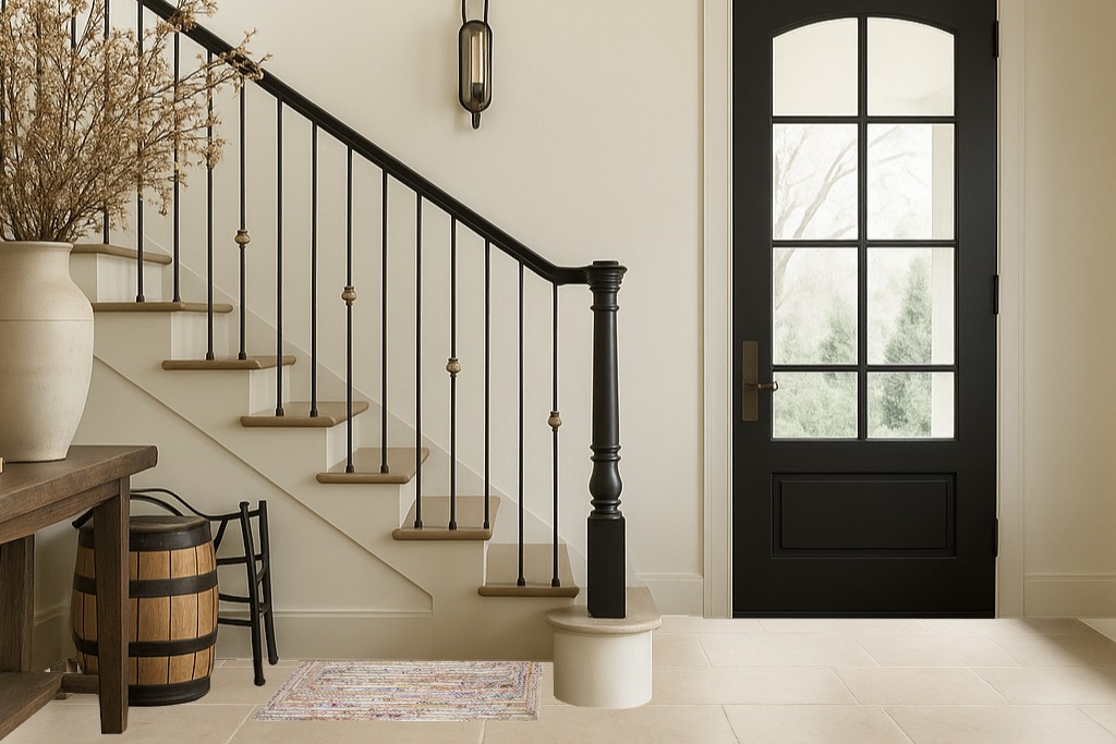 ‎Beige/Multi ‎Transitional ‎Braided ‎Living Room ‎Area Rug in Foyer with Stairs