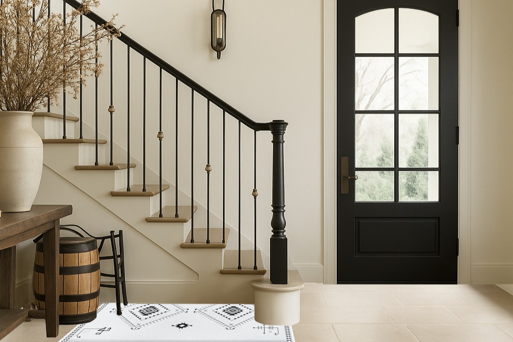 Lahome Washable Aztec Area Rug in Foyer with Stairs