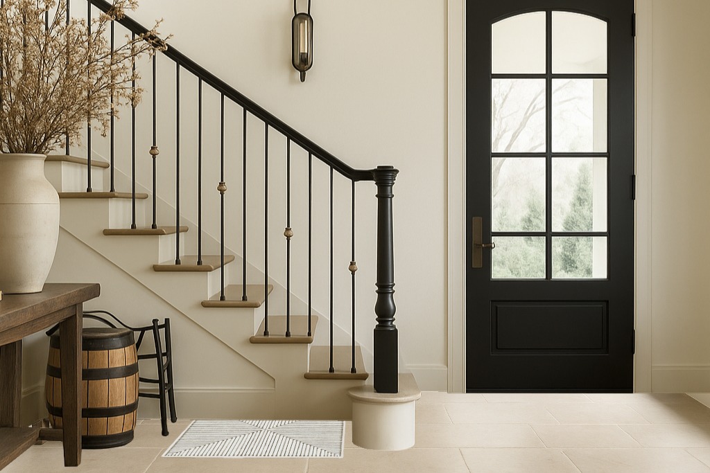 RUGGABLE x Jonathan Adler Washable Rug - Perfect Modern Area Rug for Living Room Bedroom Kitchen - Child Friendly - Stain & Water Resistant - Inkdrop Camel & Ivory 2'x3' (Standard Pad) in Foyer with Stairs