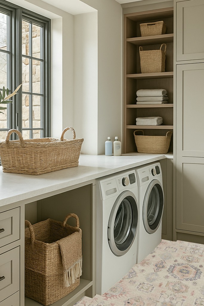 ‎Java / Multi ‎Traditional ‎Stitched Edge, Cotton Canvas Backing ‎Area Rug in Sage Green Laundry Room