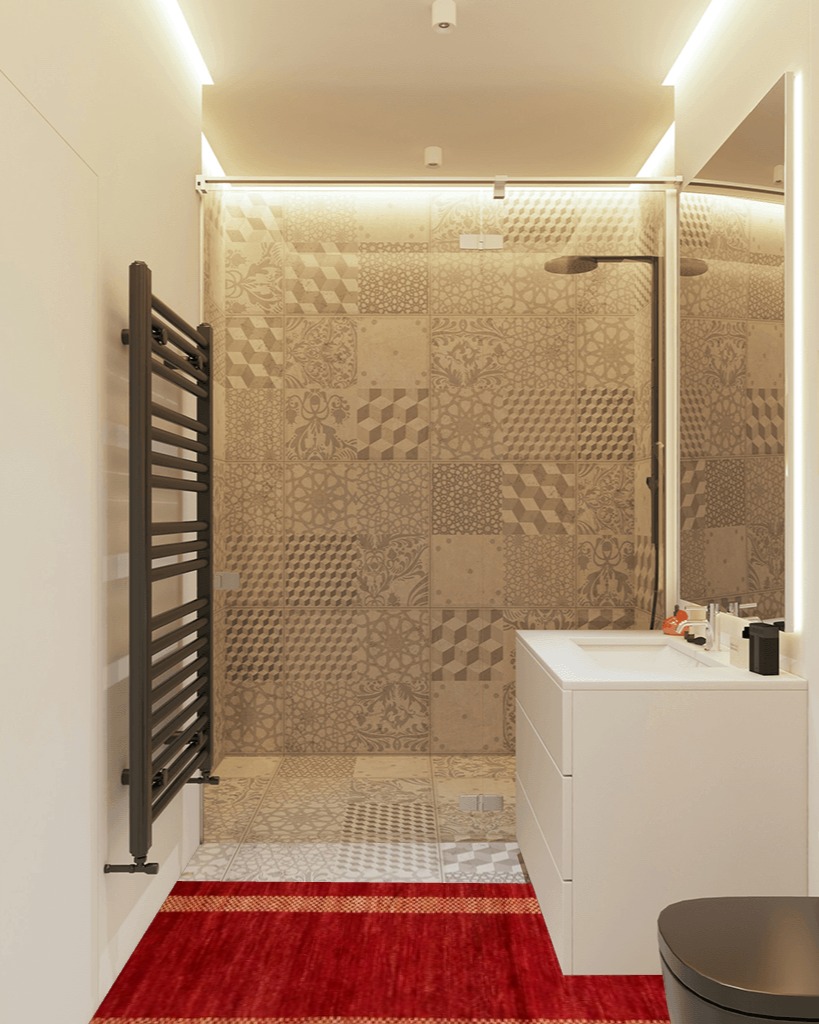 Rug Source Modern Collection Size 3x10 Modern Gabbeh Runner Rug, Hand-Knotted/Hand-Woven Red Geometric Rug, Oriental Wool Carpet for Foyer, Entryway, Hallway in White Tiled Bathroom