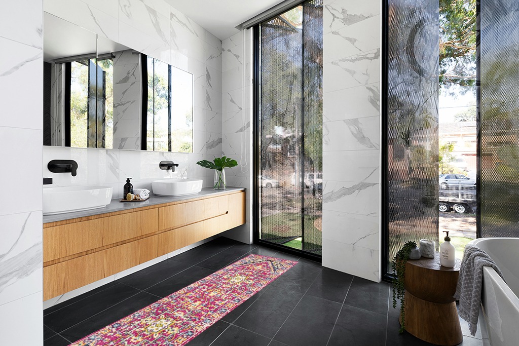Brooklyn Geometric Medallion Bohemian Indoor Area-Rug in Modern Black Tiled bathroom