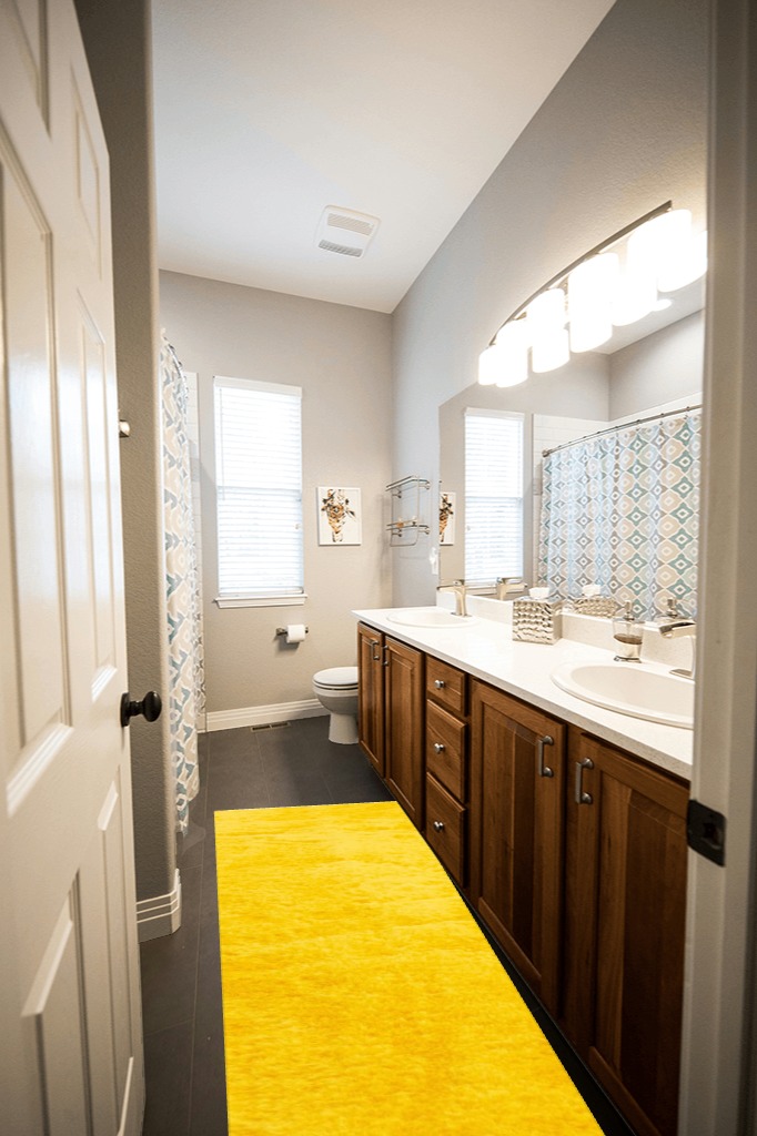 Yellow, 2 x 6 Feet fluffy rug in Wooden and Grey Bathroom