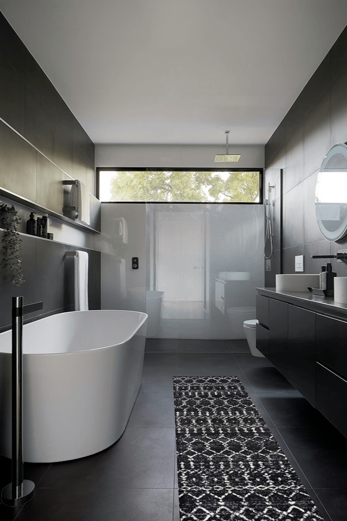 Moroccan Hype Boho Vintage Diamond Indoor Area-Rug in Black Modern Bathroom