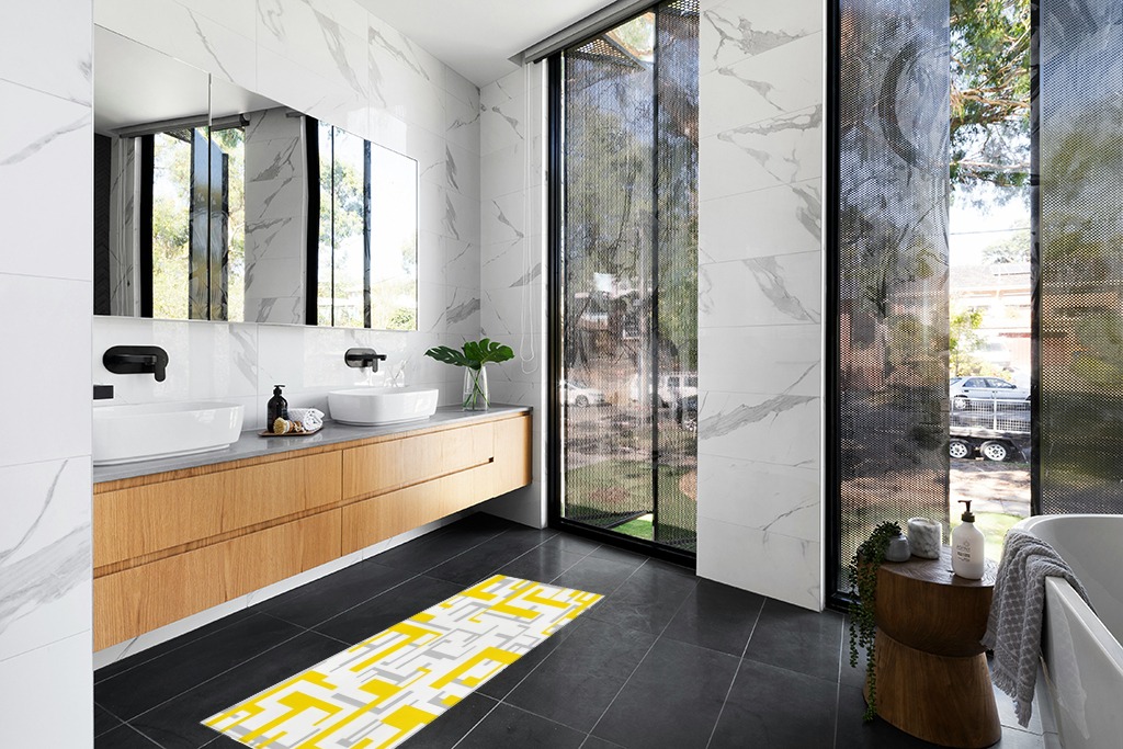 Hallway Runner Rug,Modern Geometric Pattern Yellow Gray White Non Slip Water Absorbent Rug Indoor Entrance Floor Mat Runner for Home Garage Kitchen Laundry 18x59in in Modern Black Tiled bathroom
