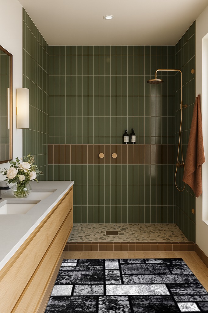 Luxe Weavers Geometric Squares Gray 4x5 Modern Abstract Area Rug in Green Bathroom
