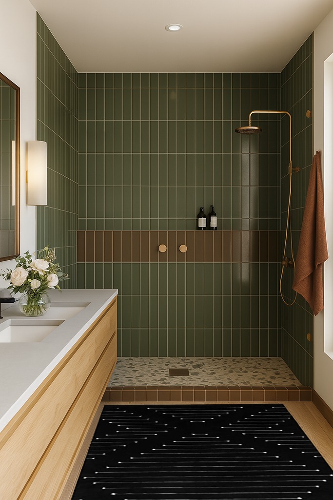 MitoVilla Black and White Rug in Green Bathroom