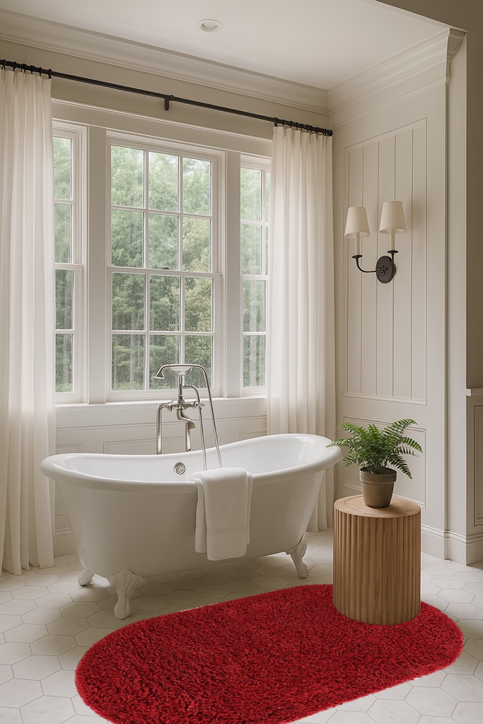 Everyday Shag Rug Red 3x5 Oval in Luxurious Bathroom