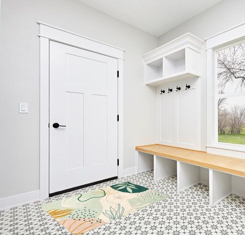 Botanical Print Small Rug Modern Abstract Non-Slip Minimalist Art Area Rug in White Modern Entryway