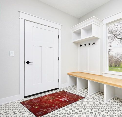 SUABO Christmas Area Rug, Red Snowflakes Non Slip Area Rug Nursery Rug Floor Mats Carpet for Living Dinning Room Bedroom Kitchen 3'x5' in White Modern Entryway