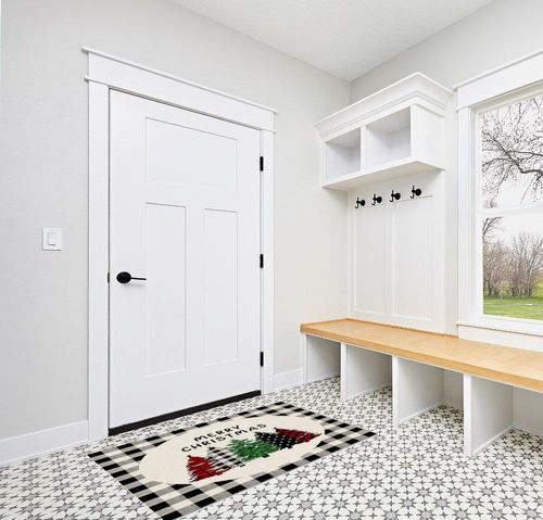 Area Rug, Black Buffalo Plaid Xmas Tree Merry Christmas Rug, 2x3 Feet Rugs for Living Room Bedroom Kids Room Kids Room Nursery Classroom, Non-Slip Comrft Carpet Washable Rug in White Modern Entryway