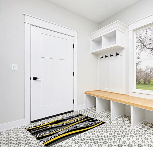 Large Area Rug, Yellow Geometric Non-Slip Indoor Accent Area Carpet, Black White Moire Modern Abstract Art Fluffy Shaggy Runner Rug for Living Room, Bedroom, Kids Room, 2'7"x 5" in White Modern Entryway