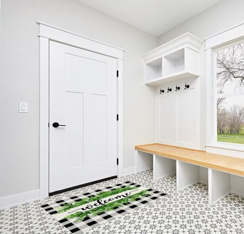 Large Area Rug, Summer Botanical Non-Slip Indoor Accent Area Carpet, Welcome Black White Plaid Green Leaf Fluffy Shaggy Runner Rug for Living Room, Bedroom, Kids Room, 2'7"x 5" in White Modern Entryway