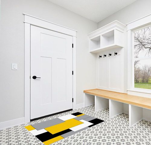 Washable Area Rug 3'x5', Yellow Black and Gray Geometric Pattern Modern Abstract Art Soft Indoor Outdoor Floor Carpet, Non-Slip Ultra-Thin Area Rugs for Living Room/Bedroom/Kitchen Aesthetic Decor in White Modern Entryway