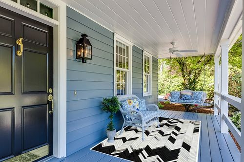 Handmade Black and White Cowhide Patchwork Rug - Black and White with Grayish Stripes Herringbone Chevron Patchwork Cowhide Rug 5 ft X 8 ft in Light Blue Patio