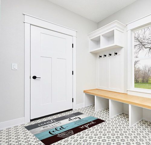 Indoor Area Rug, Laundry Room Non Slip Carpet Pad Bathroom Mat, Wash Dry Fold Repeat Splicing Colorful Wood Kitchen Runner Area Rug for Bedroom/Living Room/Kids Room 3'x5' in White Modern Entryway