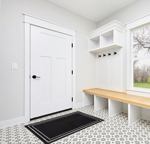Nourison Essentials Indoor/Outdoor Solid Bordered Black Ivory 3' x 5' Area Rug, Easy Cleaning, Non Shedding, Bed Room, Living Room, Dining Room, Backyard, Deck, Patio (3x5) in White Modern Entryway