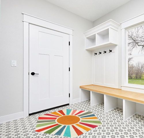STARUIA Retro Sun Boho Rug for Bedroom,4'x 4'7"Hexagon Washable Colorful Kids Rug for Nursery Room,Ultra Soft Non-Slip Carpet Indoor Mat for Christmas Classroom Living Room Entryway in White Modern Entryway
