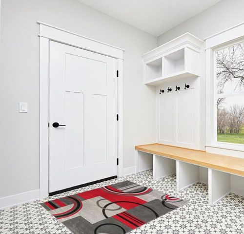 Well Woven Echo Shapes & Circles Red/Grey Modern Geometric Comfy Casual Hand Carved Area Rug 4x5 4x6 (3'11" x 5'3") Easy Clean Stain Fade Resistant Abstract Contemporary Thick Soft Plush Living Room in White Modern Entryway